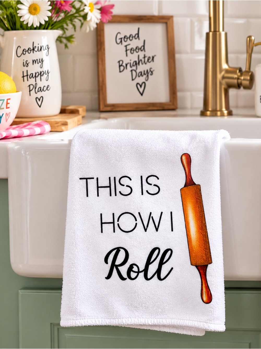 White "This Is How I Roll" Kitchen Towel with Rolling Pin Design